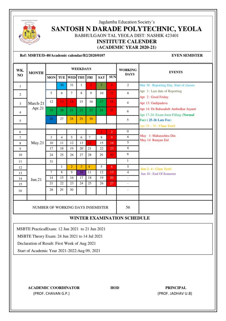 Institute Academic Calendar